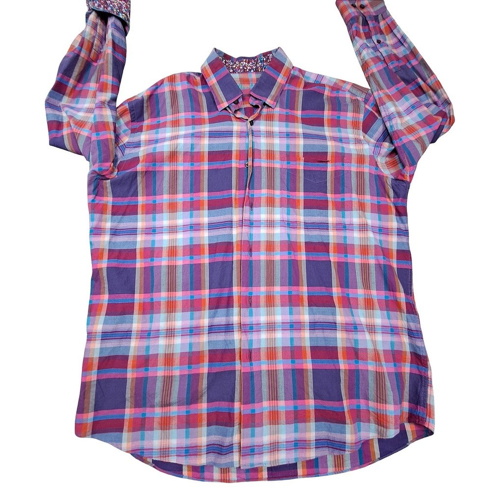 Alan Flusser Mens Large Purple Pink Plaid Cotton Long Sleeve Button Down Shirt